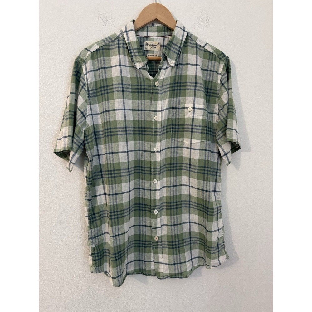 Weatherproof Vintage Washable Linen Shirt Mens L Large Green Plaid Short Sleeve